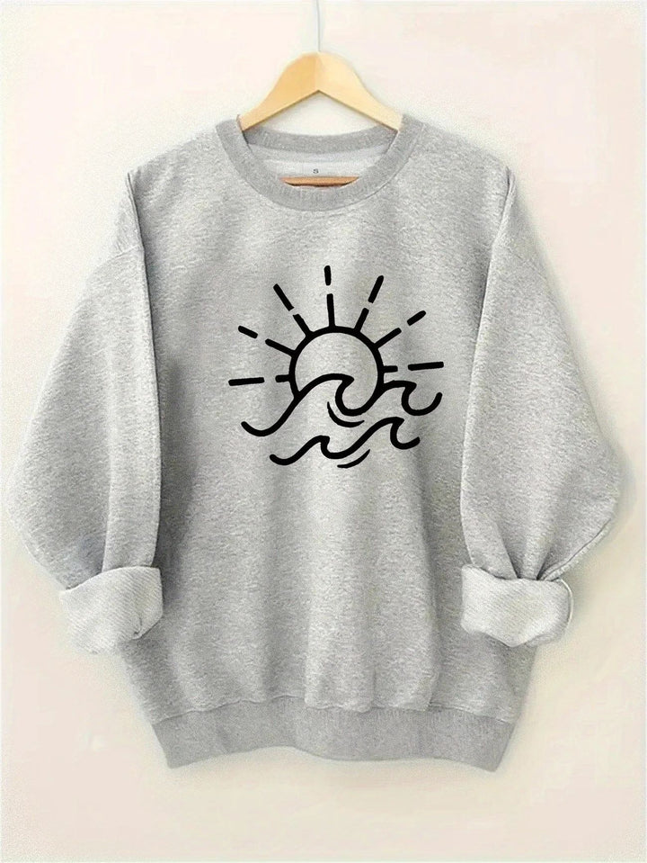 Damen Sweatshirt mit kreativem Sonnen- und Wellenmotiv Drune