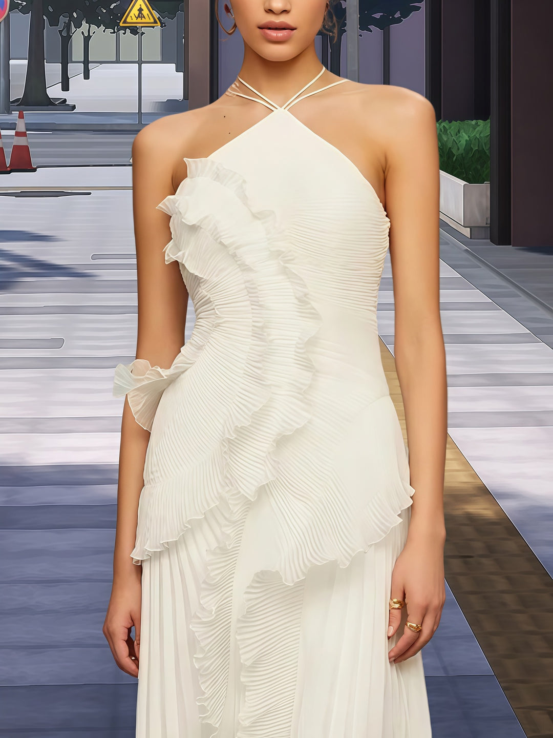 Damen Elegantes Wickelkleid mit fließendem Faltenrock und asymmetrischen Rüschendetails Drune