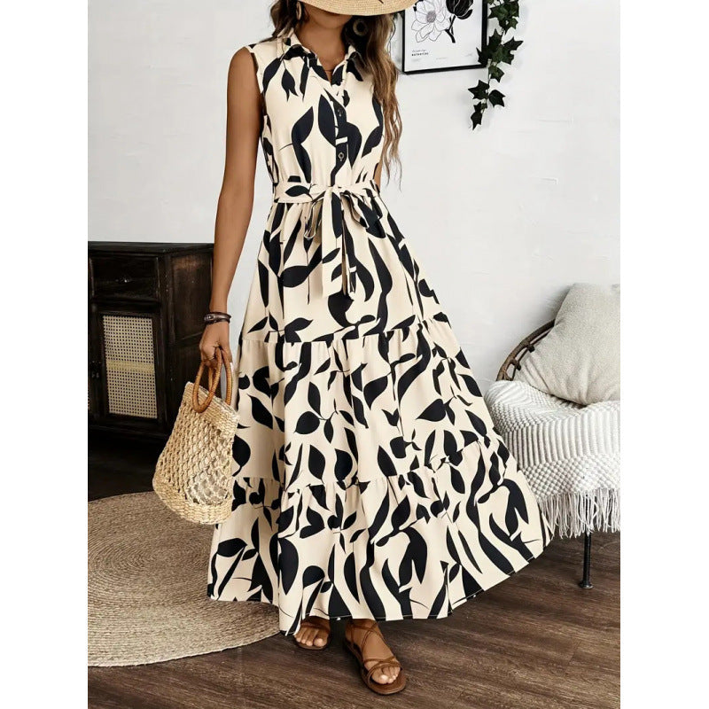 Damen Maxi-Kleid mit maskulinem Blätterdruck und tailliertem Gürtel Drune