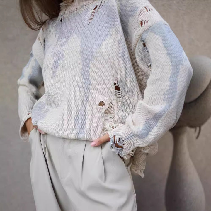 Damen lässiger Oversized Pullover mit modischen Rissdetails und kreativem Farbverlauf Drune