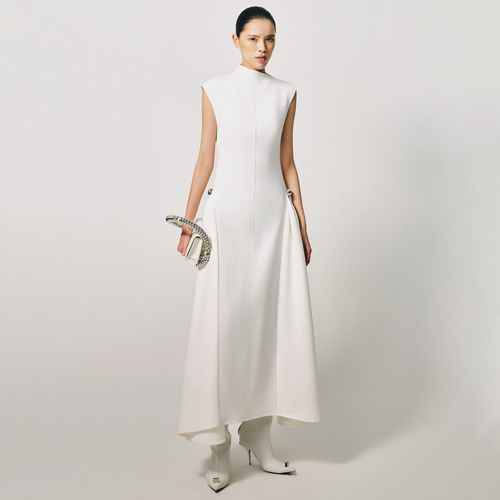 Damen elegantes bodenlanges Kleid mit außergewöhnlichem Kragen und innovativer Silhouette Drune