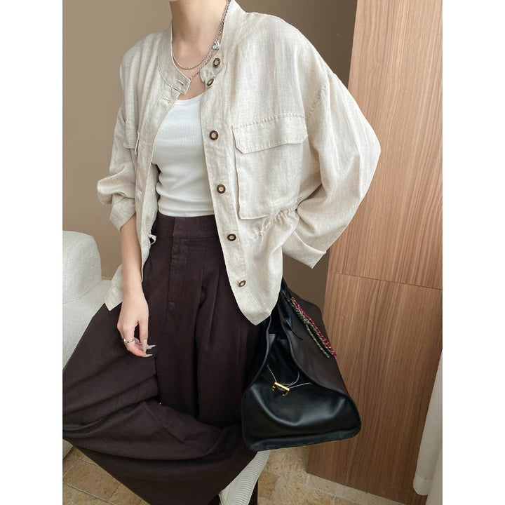 Damen lässige Leinenjacke mit modischem Stehkragen und praktischen Taschen Drune