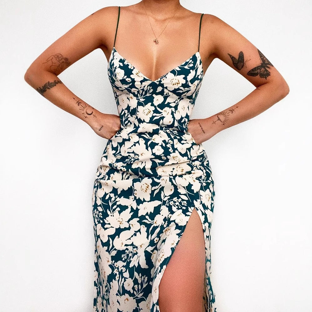 Damen Spaghettiträger Maxikleid mit floralem Design und hohem Schlitz Drune
