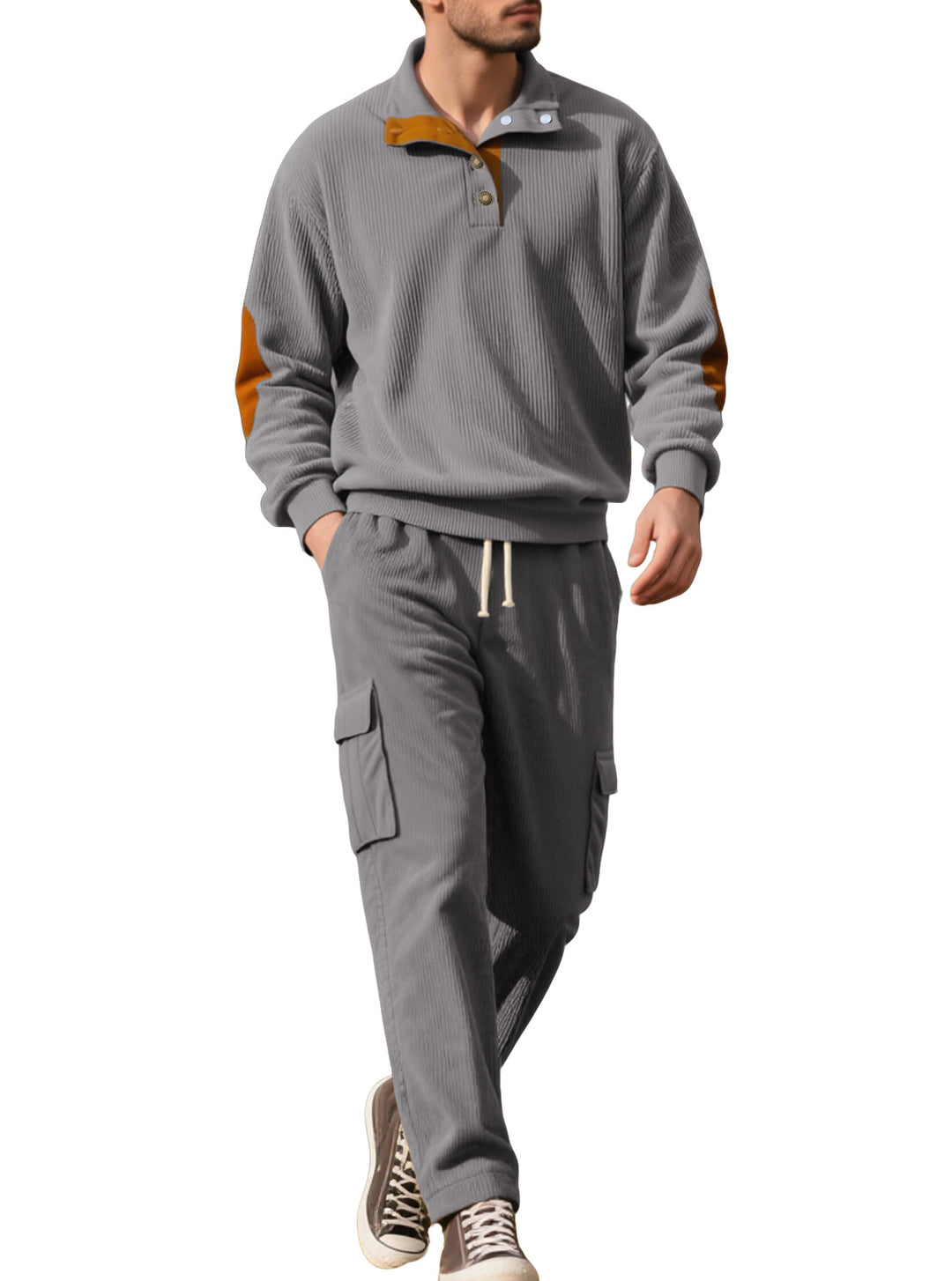 Herren nan strukturierter Troyer-Pullover mit Stehkragen Druckknopfleiste und Velours-Ellenbogenpatch Drune