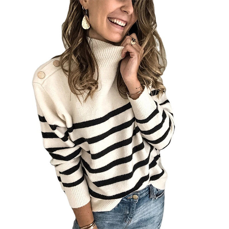 Damen Hochgeschlossen Pullover mit Streifenmuster und dekorativen Knöpfen Drune