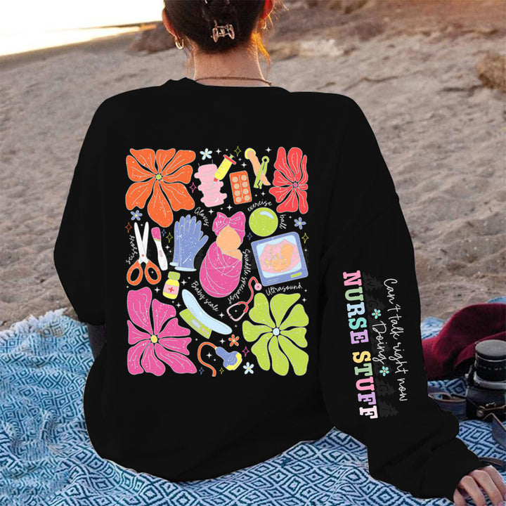Damen Sweatshirt mit buntem Grafikdesign und originellem Pflege-Motiv Drune