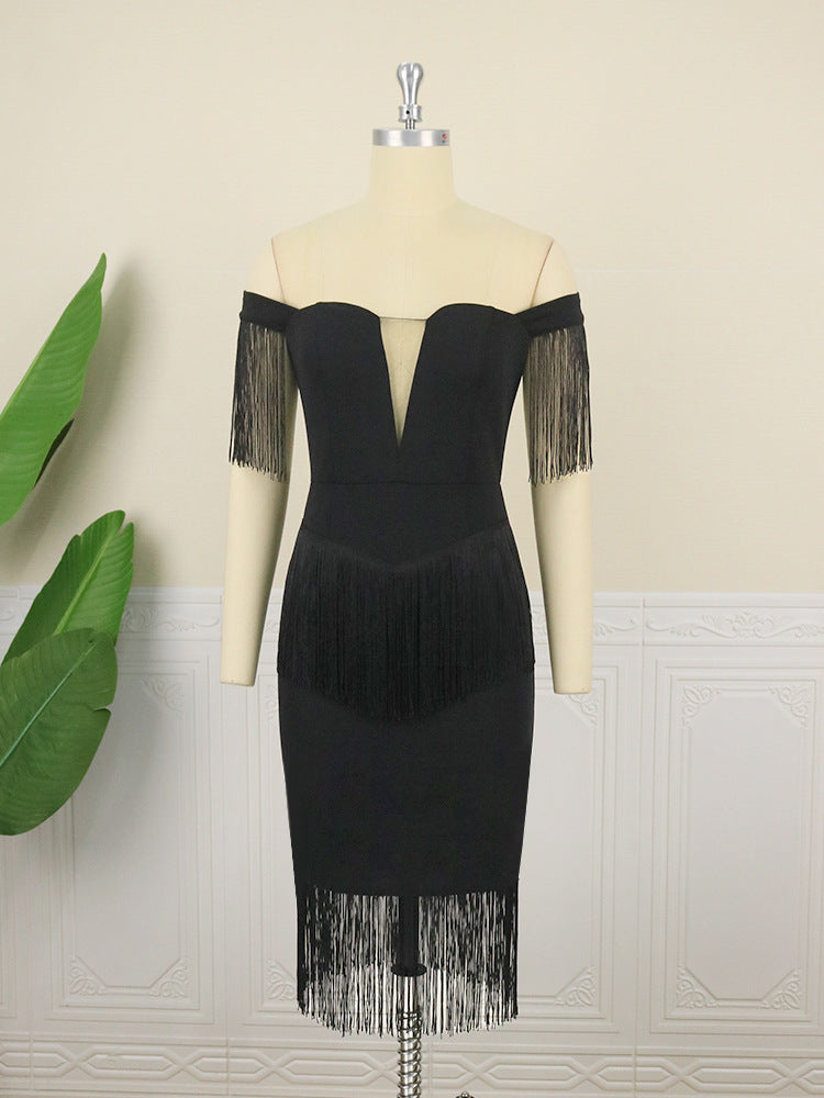 Damen elegantes Cocktailkleid mit Off-Shoulder Design und fransigen Ärmeln Drune