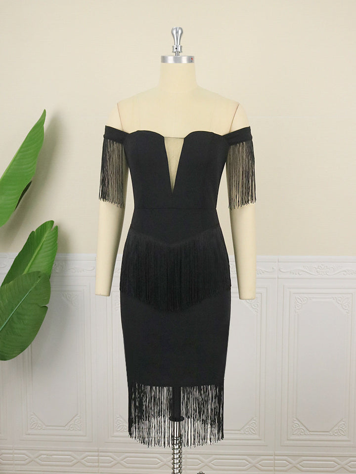 Damen elegantes Cocktailkleid mit Off-Shoulder Design und fransigen Ärmeln Drune