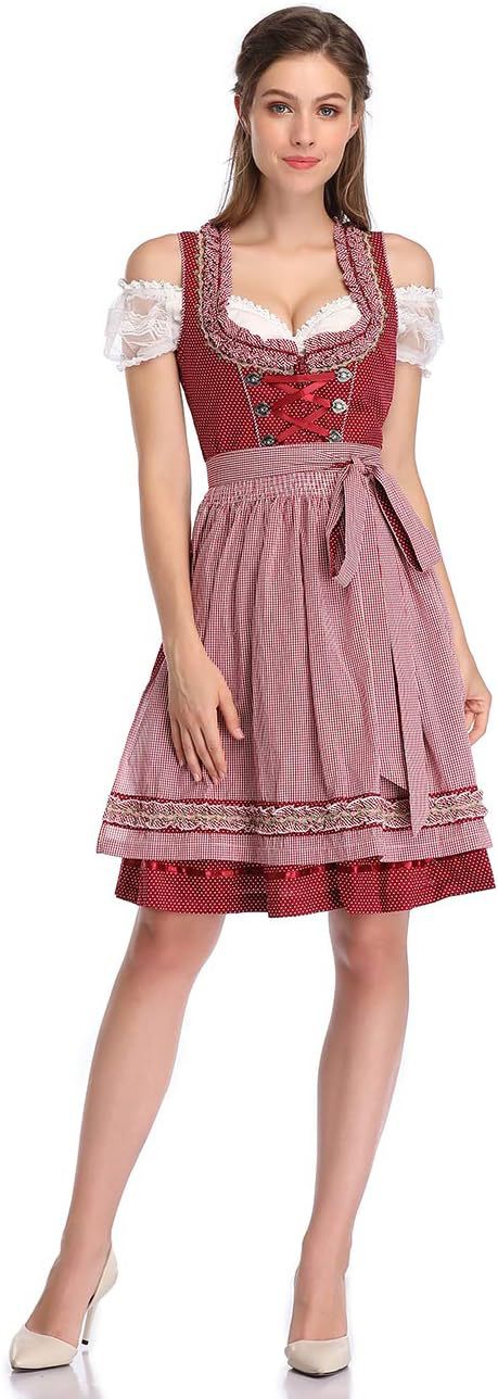 Damen nan traditionelles Dirndlkleid mit Herzausschnitt, korsettähnlicher Schnürung und kariertem Schürzenrock Drune