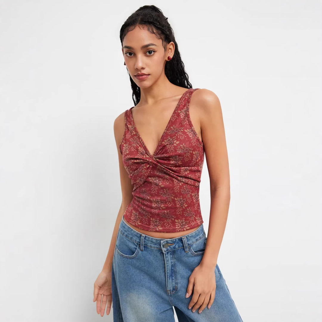 Damen Dekoratives Floral Top mit Raffungen Drune