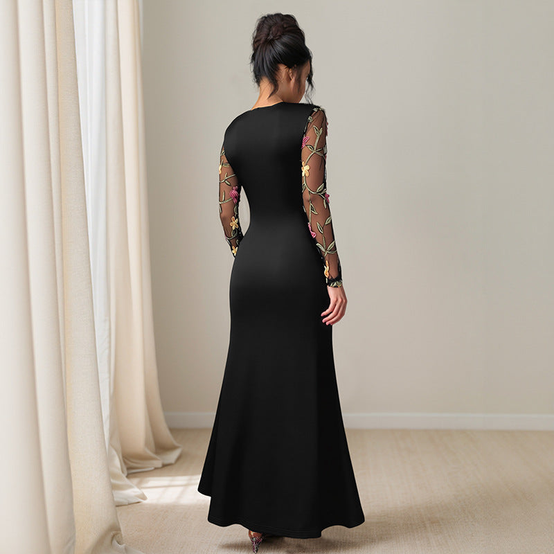Damen elegantes Maxikleid mit floralem Spitzeinsatz und asymmetrischem Saum Drune