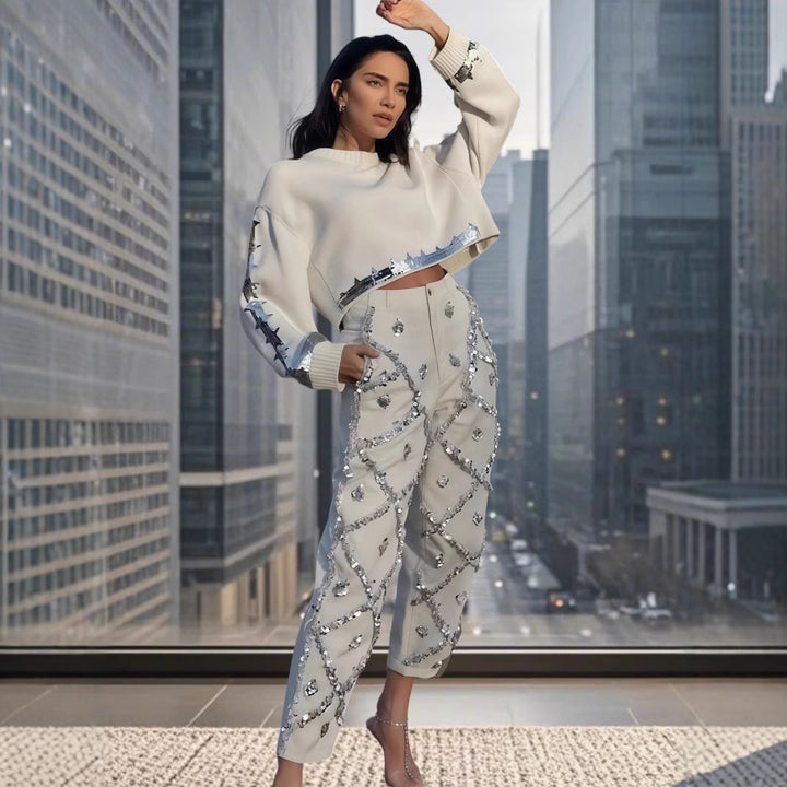 Damen modischer cropped Pullover mit Pailletten Drune