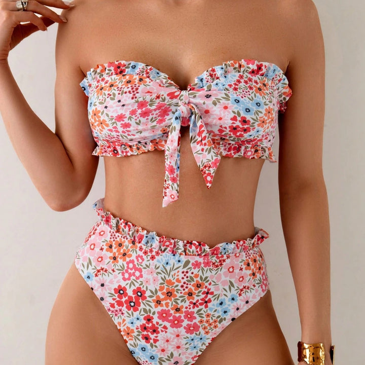 Damen Bandeau-Bikini mit verspielten Rüschen und floralem Muster Drune