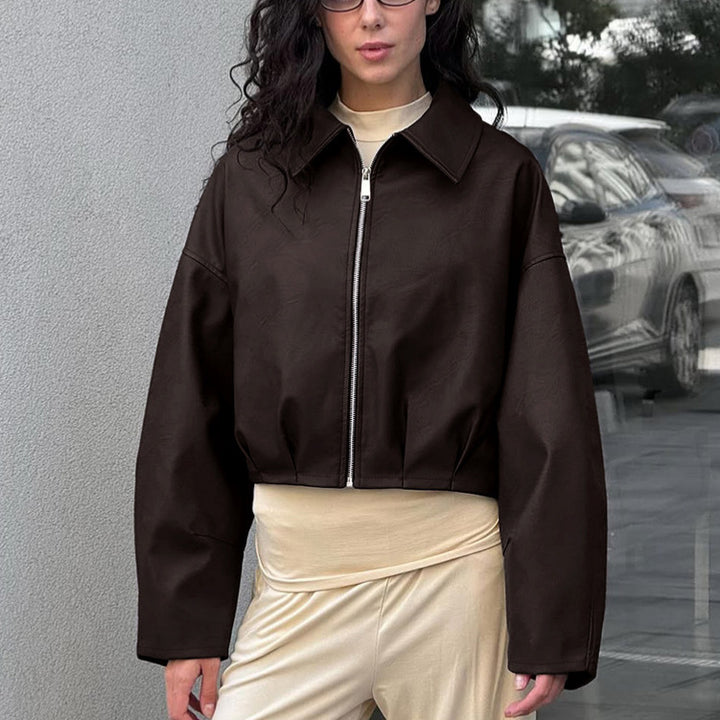 Damen modische cropped Lederjacke mit voluminösen Ärmeln Drune