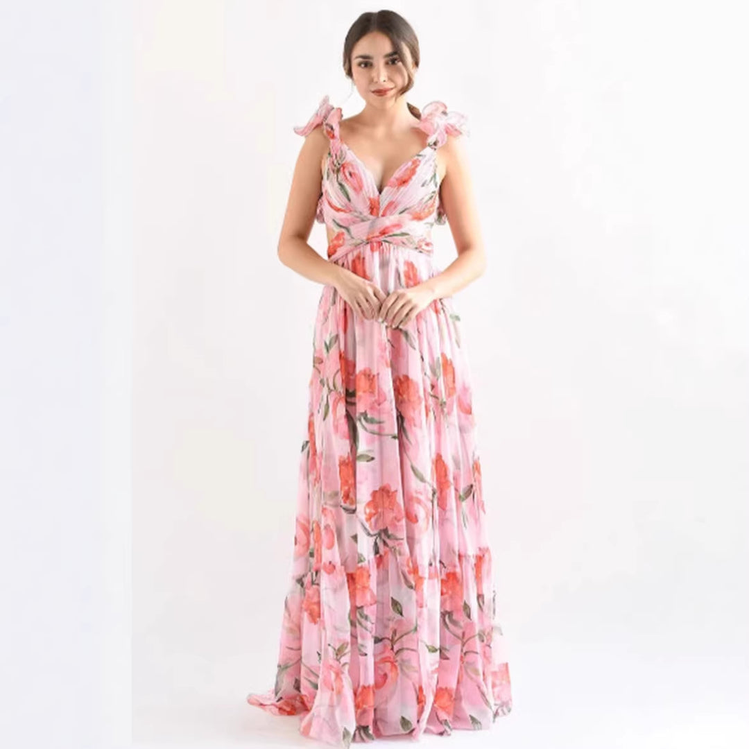 Damen Maxikleid im romantischen Vintage-Stil mit fließendem Rock und Rüschendetails Drune