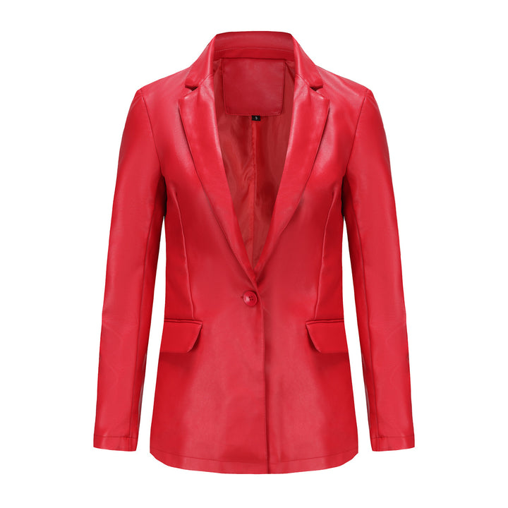 Damen nan taillierter Blazer aus Kunstleder mit Reverskragen und Pattentaschen Drune