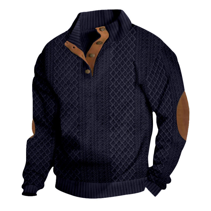 Herren nan grob gestrickter Strickpullover mit Schalkragen, Knopfleiste und Ellbogenpatches Drune