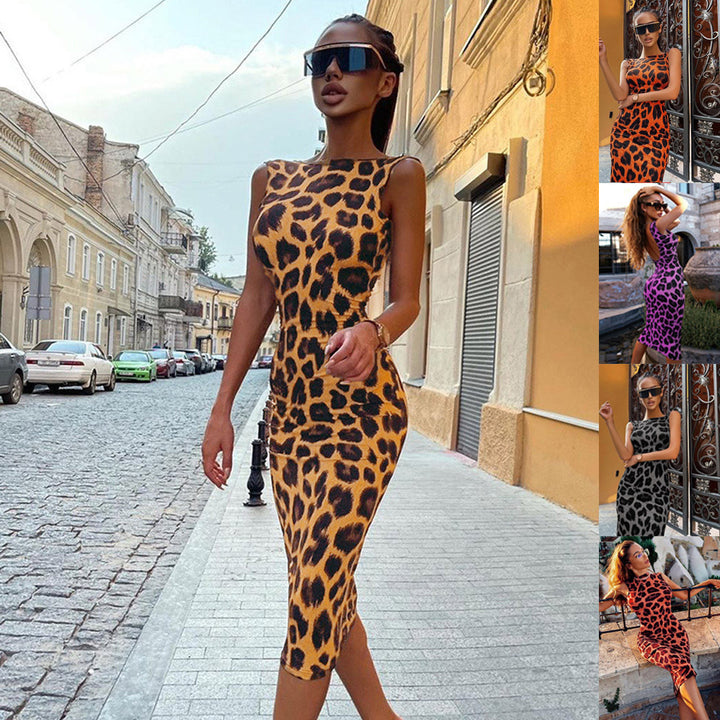 Damen figurbetontes Kleid mit modischem Leopardenmuster und schulterfreier Optik Drune
