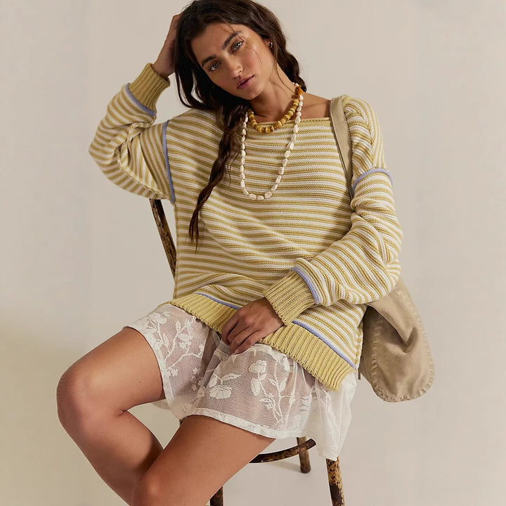 Damen Oversized Strickpullover mit Streifenmuster und lässiger Passform Drune