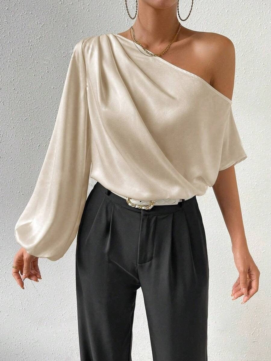 Damen elegante asymmetrische Bluse mit weiten Ärmel Drune