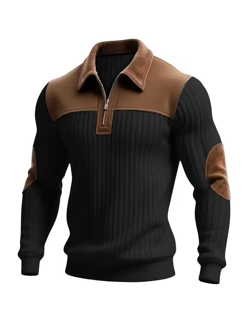 Herren nan gerippter Halbzip-Pullover mit kontrastierenden Lederapplikationen an Schultern und Ellenbogen Drune