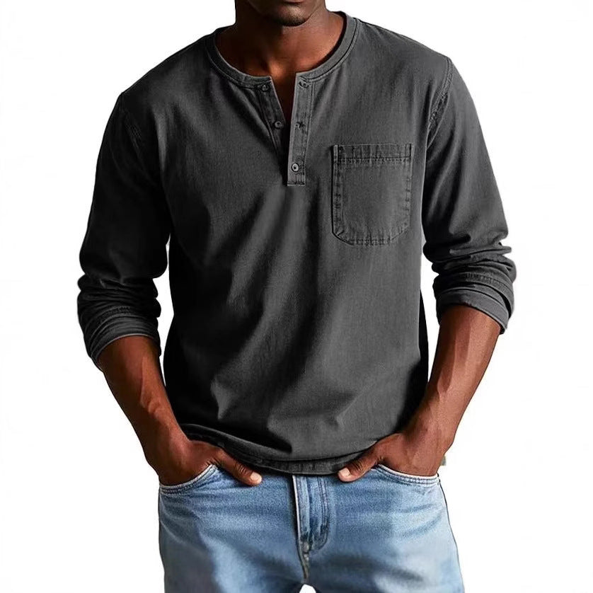 Drune | Langarm T-Shirt Slim Fit Atmungsaktives Material Knopfausschnitt Und Brusttasche