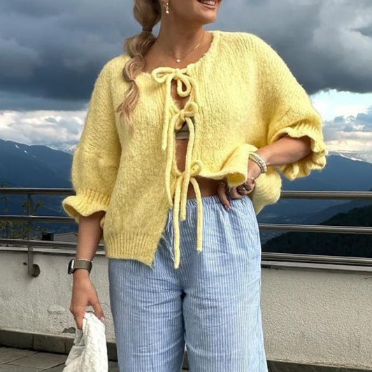 Damen trendiger Strickcardigan mit Raffungen und Bindebändern Drune