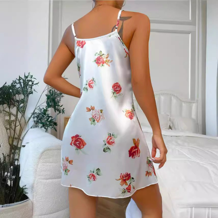 Damen Satin-Nachtkleid mit floralem Design und Spaghettiträgern Drune