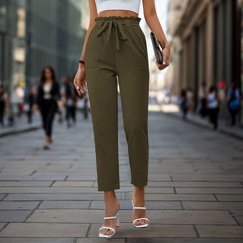 Damen elegante Chino-Hose mit hohem Bund und Taillenzug Drune