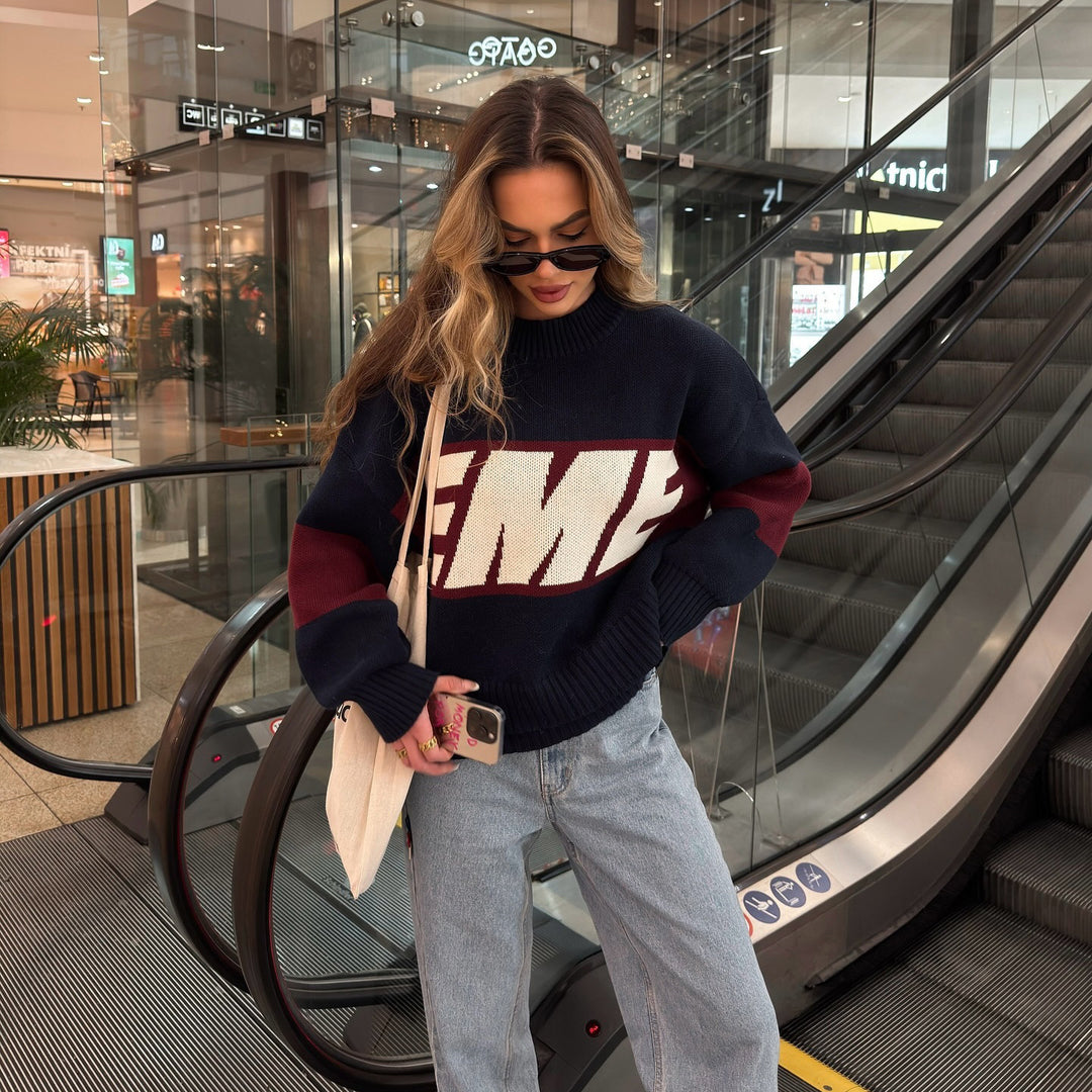 Damen sportlicher Strickpullover mit kreativem Grafikdesign und lässigem Schnitt Drune