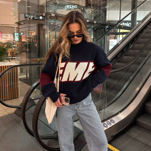 Damen sportlicher Strickpullover mit kreativem Grafikdesign und lässigem Schnitt Drune