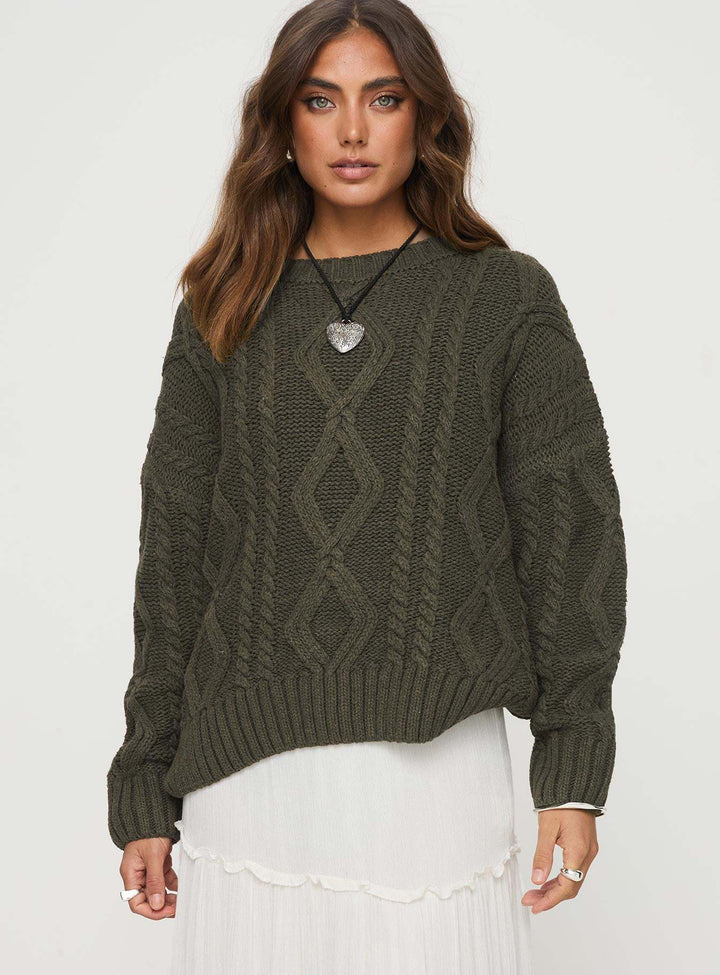 Damen Grobstrickpullover mit voluminösen Ärmeln und klassischem Zopfmuster Drune