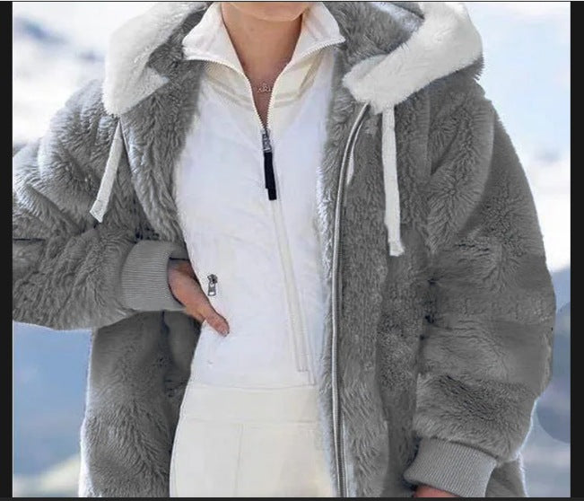 Damen Kuschelige Kunstpelzjacke mit Kapuze Drune