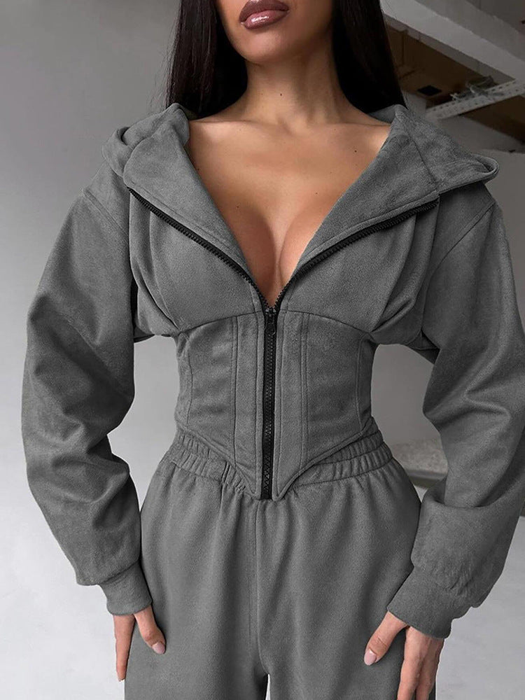 Damen sportlicher Jumpsuit mit Reißverschluss und Kapuze Drune