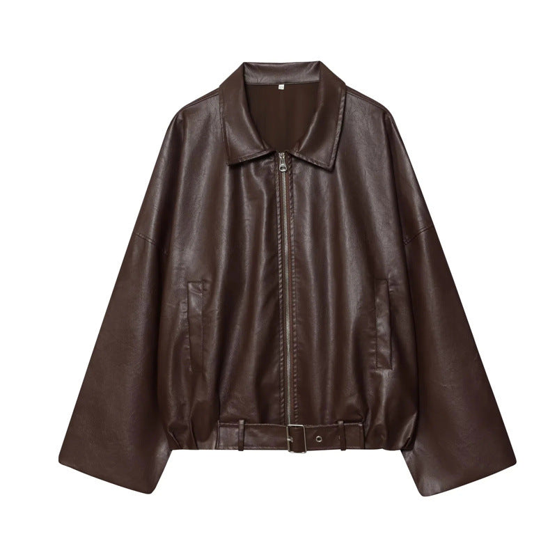 Damen cropped Kunstlederjacke im urbanen Stil mit breitem Kragen und praktischen Taschen Drune