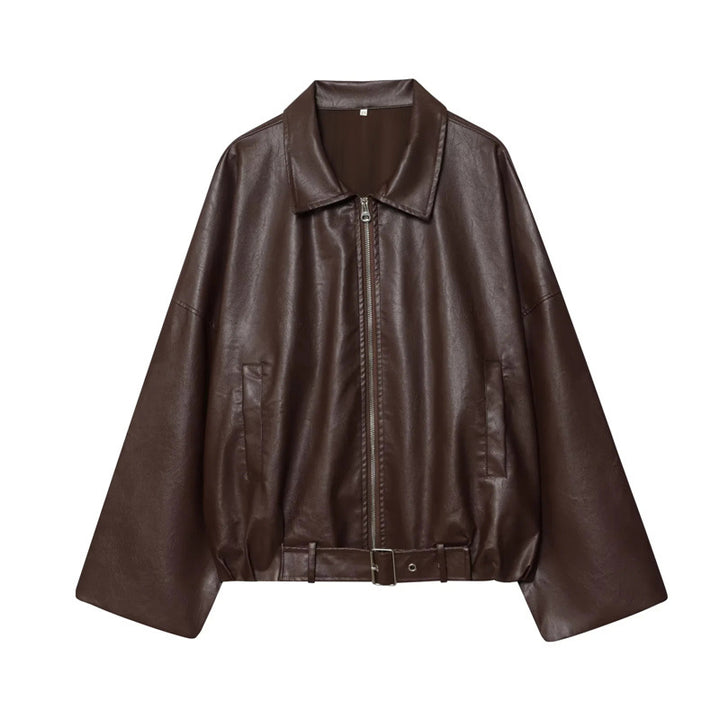 Damen cropped Kunstlederjacke im urbanen Stil mit breitem Kragen und praktischen Taschen Drune