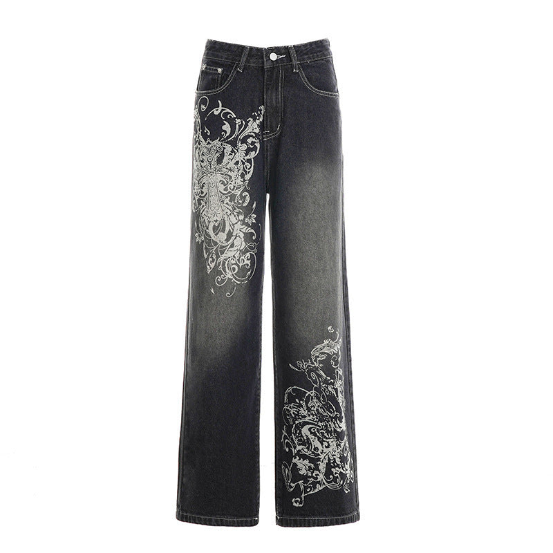 Damen Weite Denim-Hose mit auffälligem grafischem Druck Drune