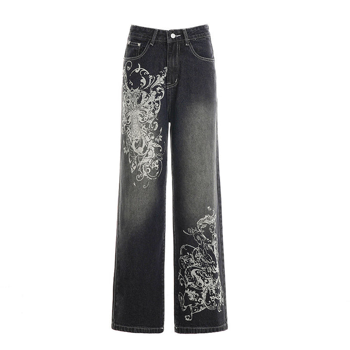 Damen Weite Denim-Hose mit auffälligem grafischem Druck Drune
