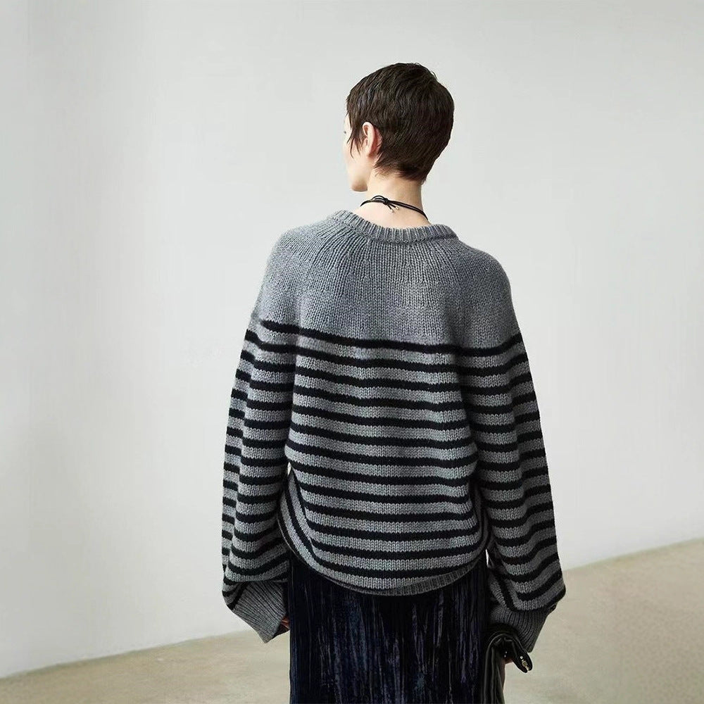 Damen lässiger V-Ausschnitt Pullover mit Streifen Drune