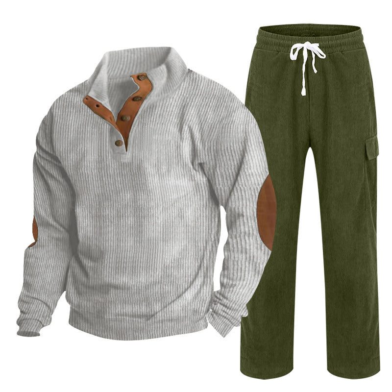 Herren nan Strick-Freizeitset mit Knopfleiste und Ellenbogenaufnähern sowie Cord-Cargohose Drune
