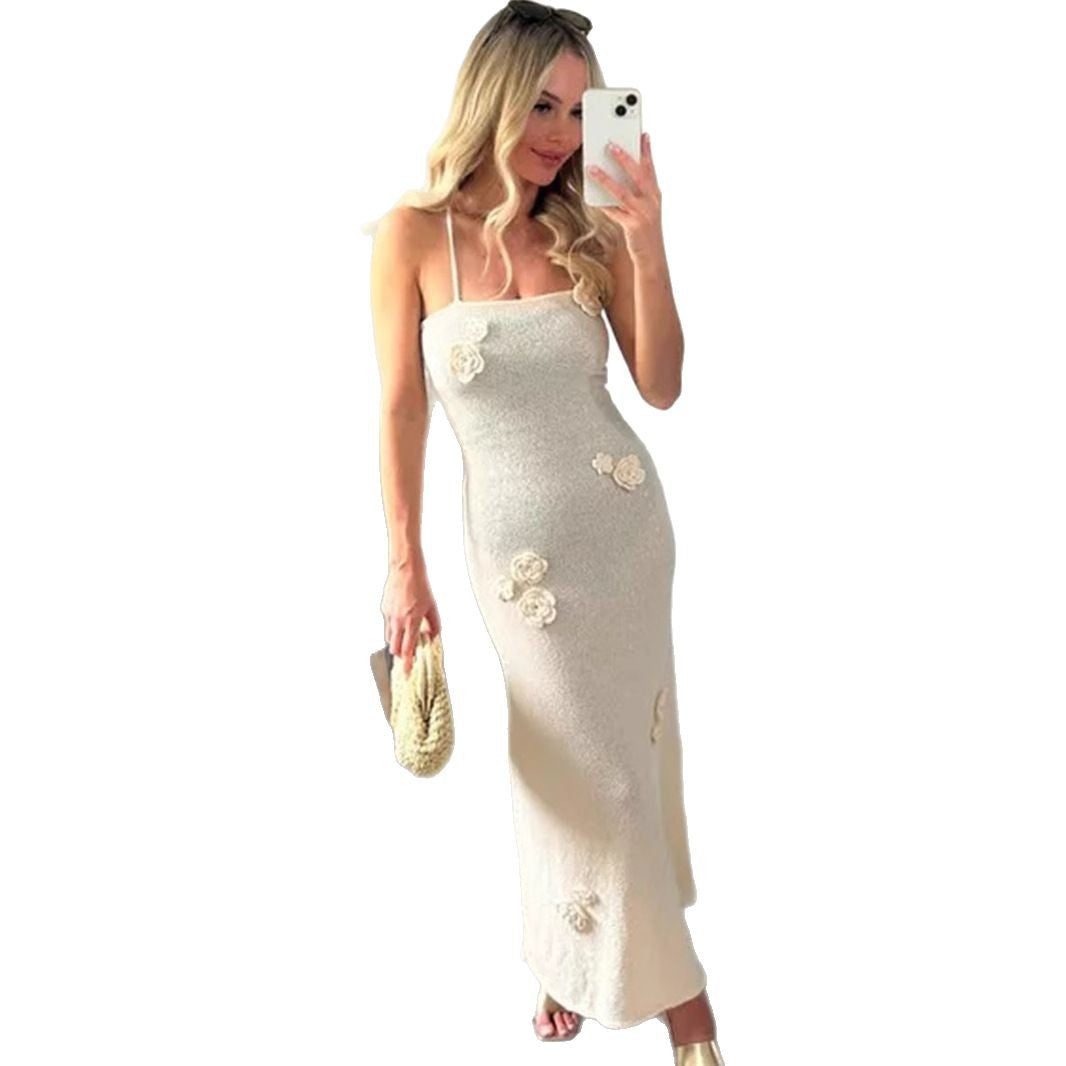 Damen Elegantes Maxikleid mit floralen Applikationen und Spaghetti-Trägern Drune
