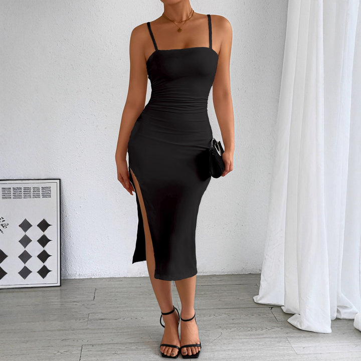 Damen figurbetontes Midi-Kleid mit schulterfreien Trägern und tiefem Schlitz Drune
