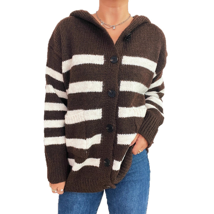 Damen lässiger Strickcardigan mit Kapuze und breiten Streifen Drune