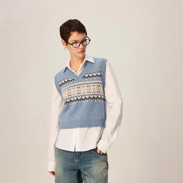 Damen modischer Strickpullover mit V-Ausschnitt und geometrischem Muster Drune