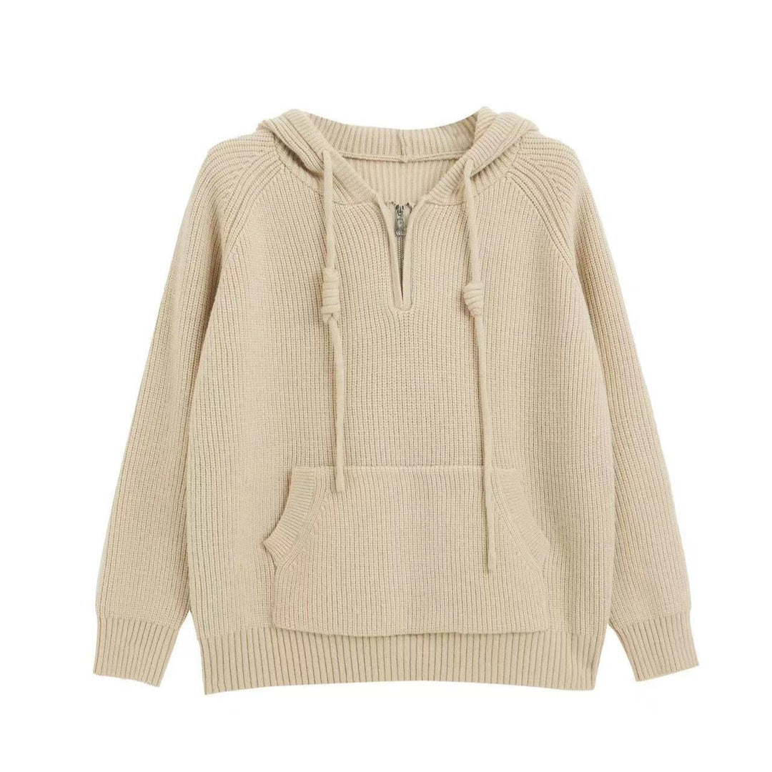 Damen Oversized Strickpullover mit Kapuze und praktischen Reißverschlusstaschen Drune