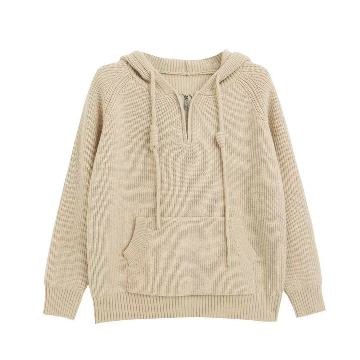 Damen Oversized Strickpullover mit Kapuze und praktischen Reißverschlusstaschen Drune
