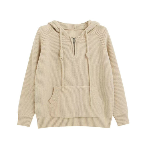 Damen Oversized Strickpullover mit Kapuze und praktischen Reißverschlusstaschen Drune