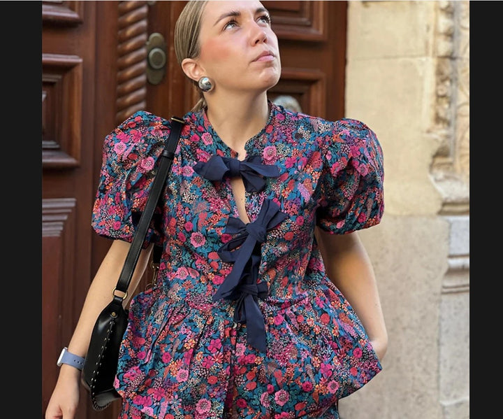 Damen Bluse mit voluminösen Ärmeln und floralen Mustern Drune
