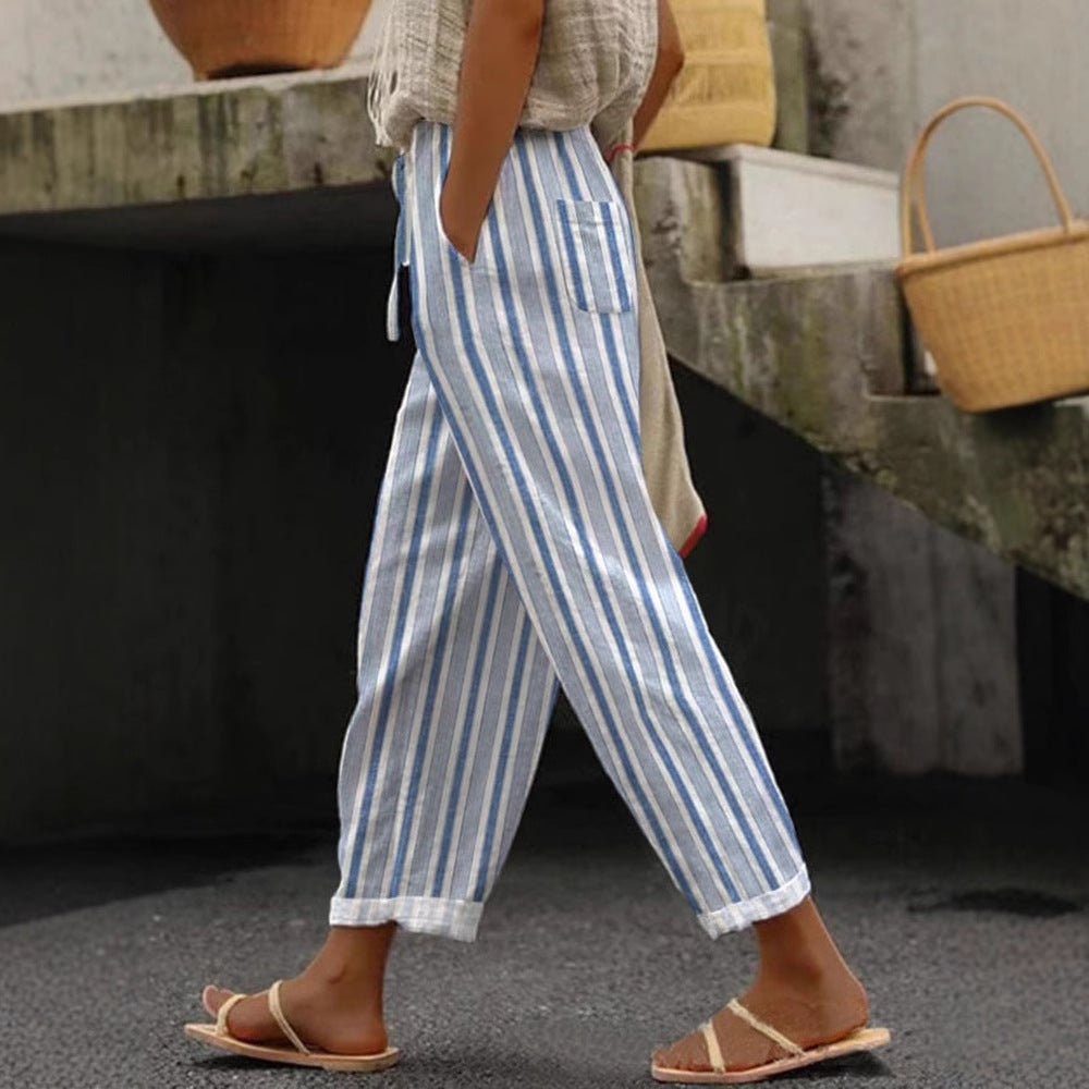 Damen Weite Leinenhose mit Streifenmuster Drune