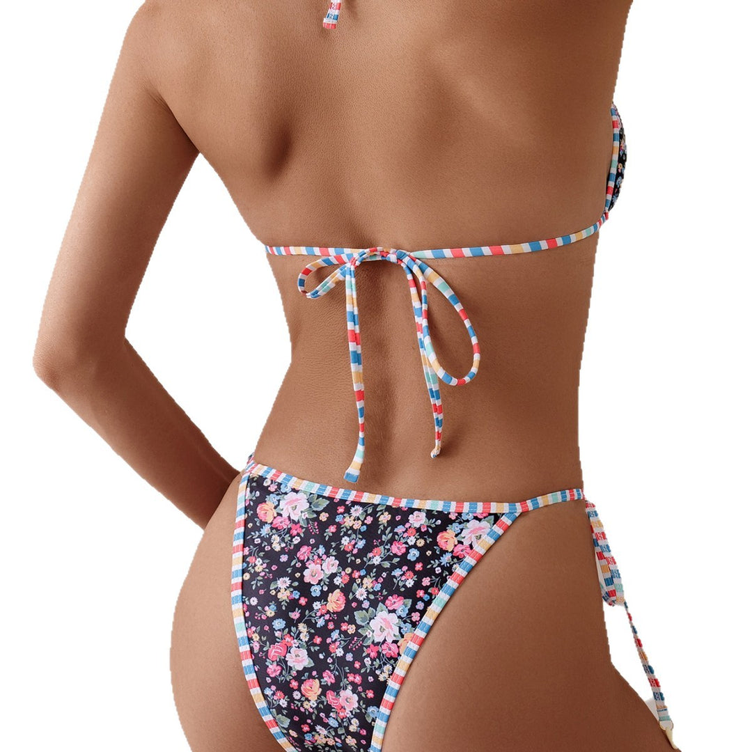 Damen Triangel-Bikini mit buntem floralem Muster und verstellbaren Bindebändern Drune